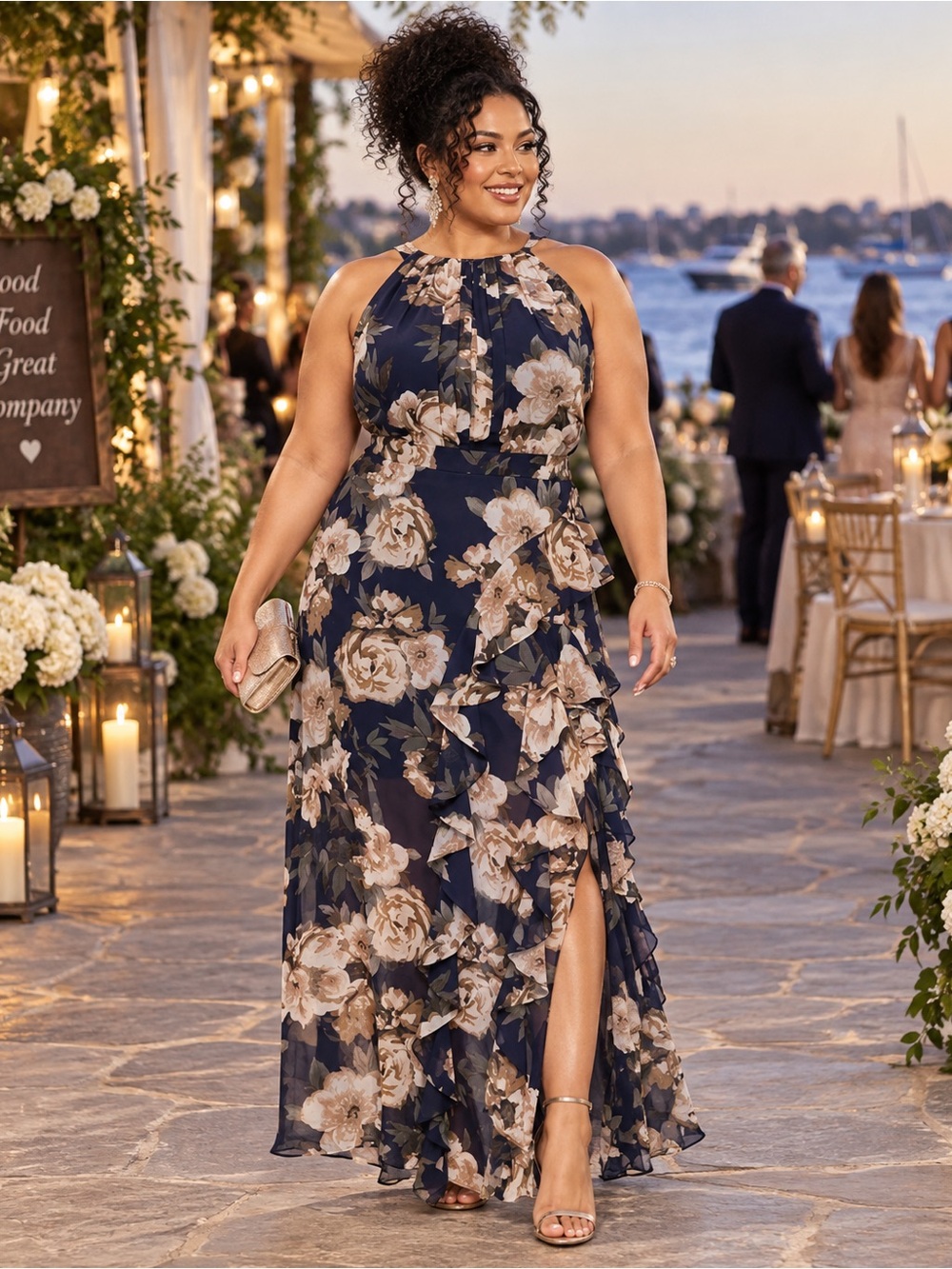 Betsy & Adam NWT 18W Navy Floral Chiffon Halter  Gown